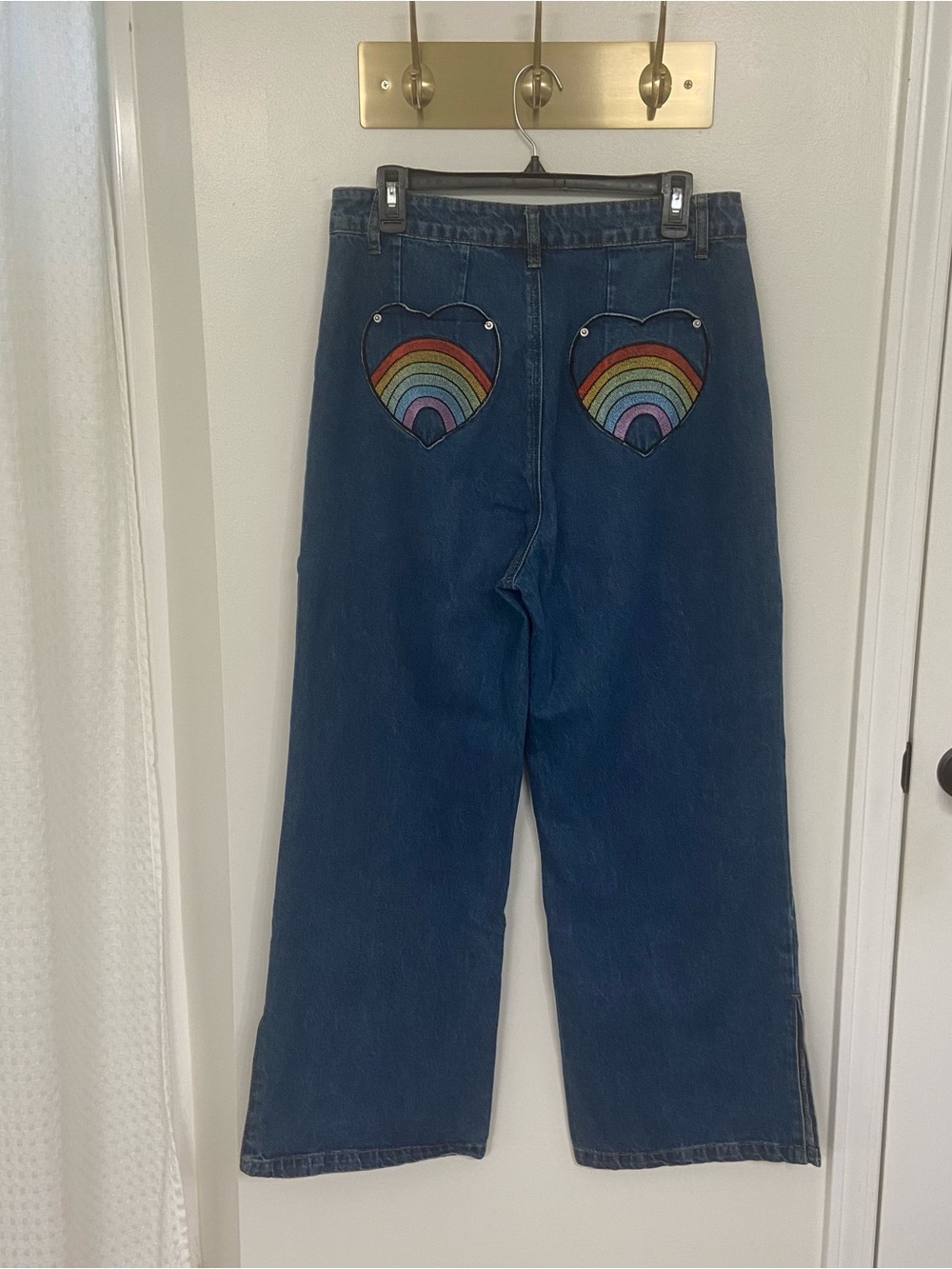 Cider XL Wide Leg Jeans Rainbow Heart Pockets Side Slit Denim Y2K 70s Retro